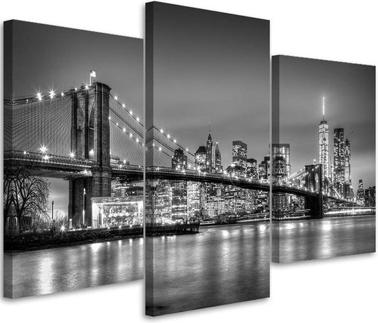 Trend24 - Canvas Schilderij - Brooklyn Bridge - Drieluik - Steden - 120x80x2 cm - Zwart