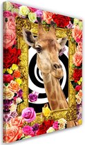Trend24 - Canvas Schilderij - Giraffe En Gekleurde Rozen - Schilderijen - Bloemen - 70x100x2 cm - Meerkleurig