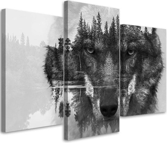 Trend24 - Canvas Schilderij - Wolf - Drieluik - Dieren - 60x40x2 cm - Grijs