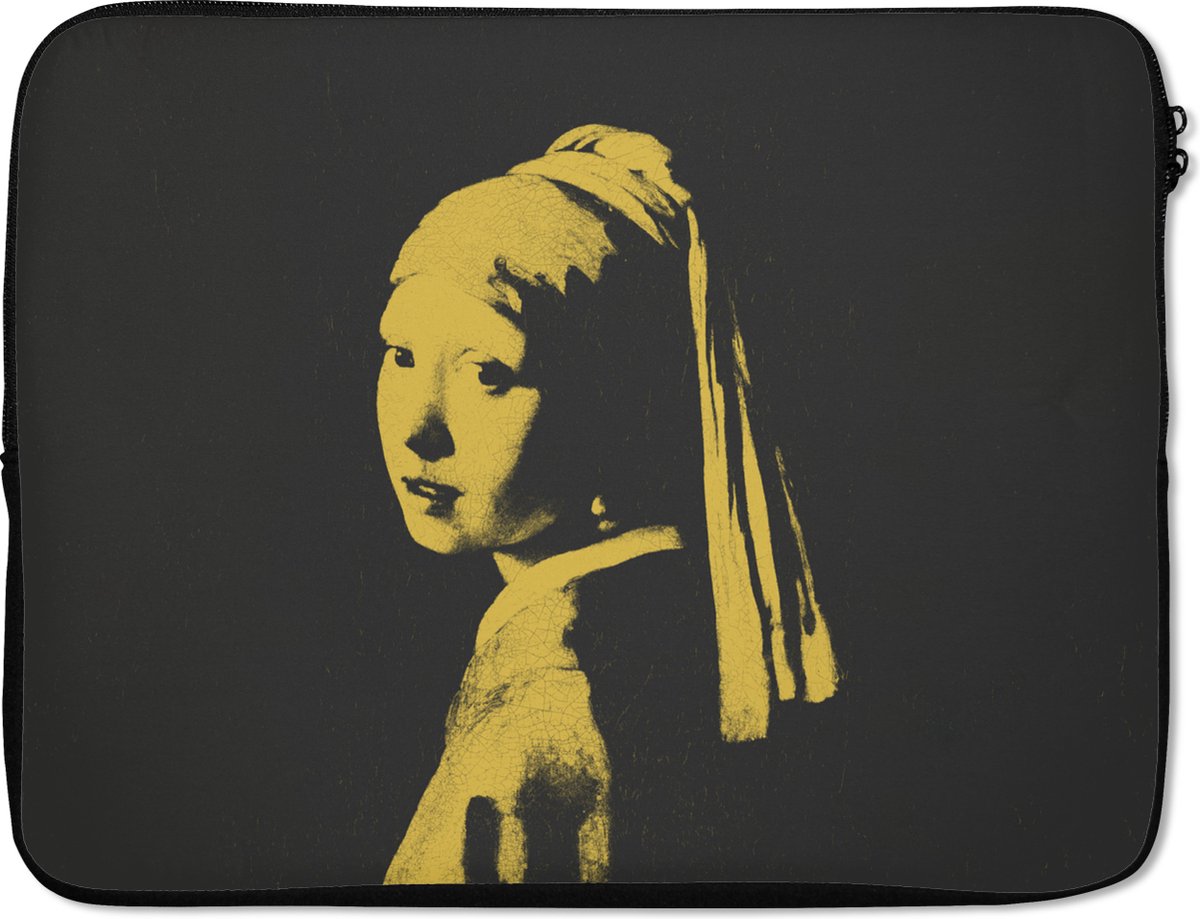 Laptophoes 15.6 inch - Meisje met de parel - Johannes Vermeer - Zwart - Geel - Laptop sleeve - Binnenmaat 37x26 cm - Zwarte achterkant