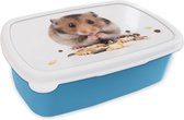 Broodtrommel Blauw - Lunchbox - Brooddoos - hamster eet zaden - 18x12x6 cm - Kinderen - Jongen