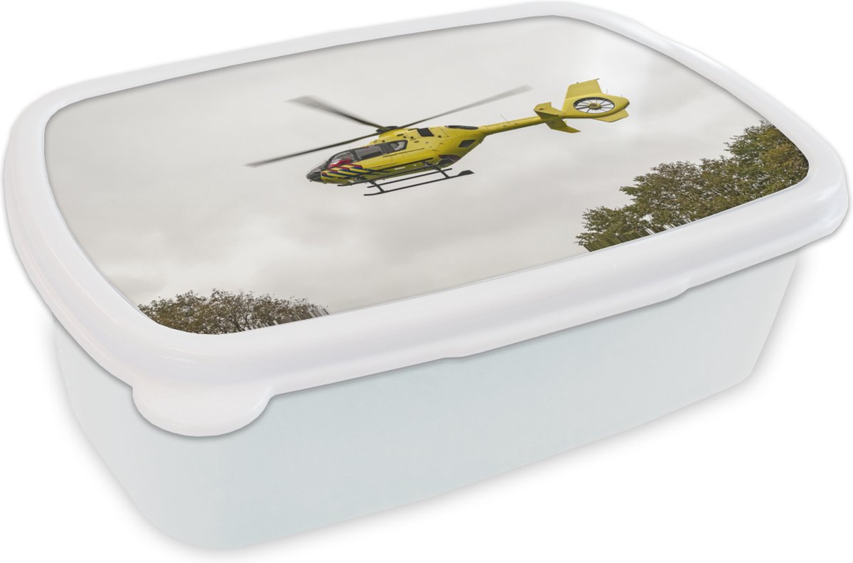 Broodtrommel Wit - Lunchbox - Brooddoos - Gele traumahelikopter - 18x12x6 cm - Volwassenen