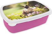 Broodtrommel Roze - Lunchbox - Brooddoos - Siamese kat tussen de roze bloemen - 18x12x6 cm - Kinderen - Meisje