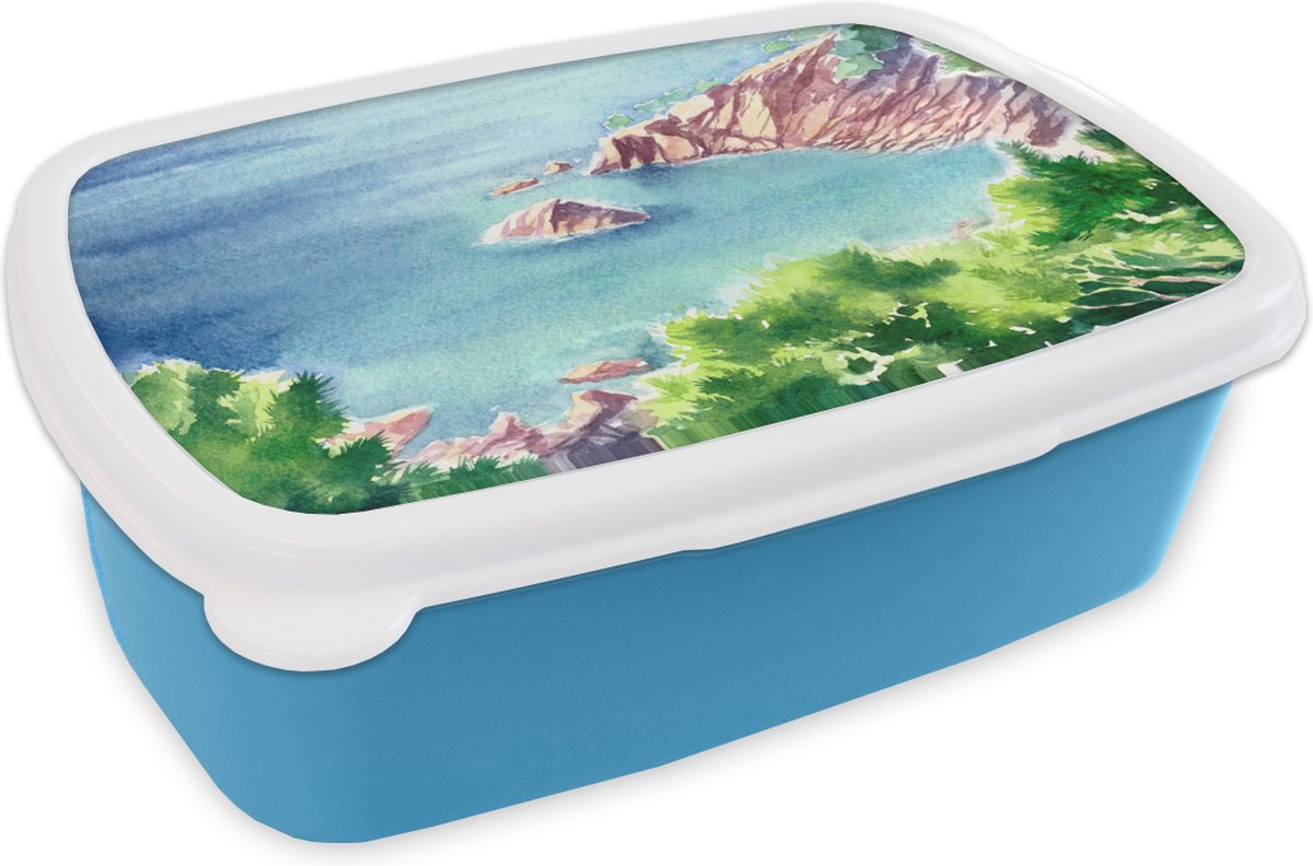 Broodtrommel Blauw - Lunchbox - Brooddoos - Zee - Berg - Bos - 18x12x6 cm - Kinderen - Jongen