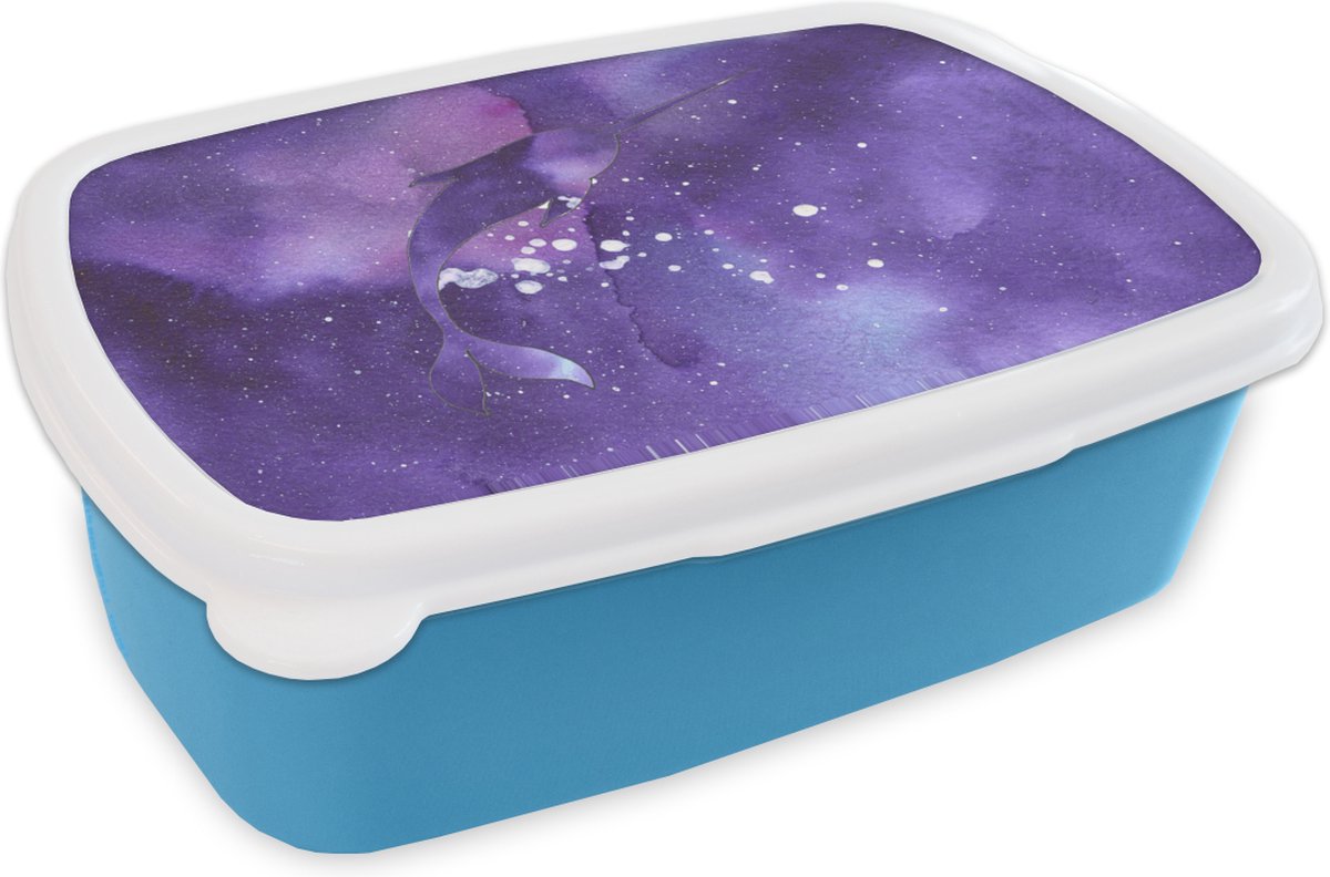 Broodtrommel Blauw - Lunchbox - Brooddoos - Narwal - Ruimte - Kleuren - 18x12x6 cm - Kinderen - Jongen