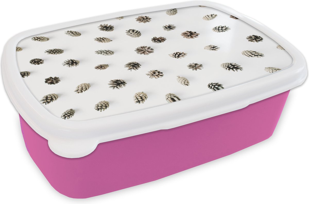 Broodtrommel Roze - Lunchbox - Brooddoos - Winter - Dennenappel - Wit - 18x12x6 cm - Kinderen - Meisje