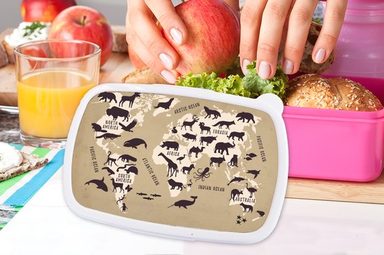 Lunch box Rose - Lunch box - Boîte à pain - Wereldkaart - Animaux - Monde - 18x12x6 cm - Enfants - Fille