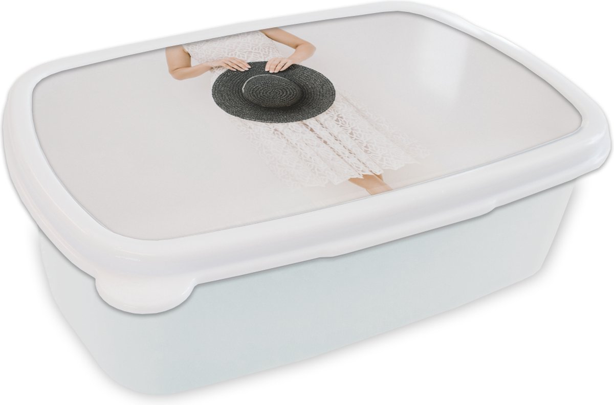 Broodtrommel Wit - Lunchbox - Brooddoos - Hoed - Zwart - Tropisch - 18x12x6 cm - Volwassenen