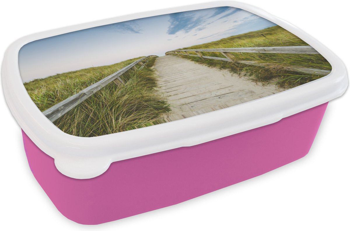 Broodtrommel Roze - Lunchbox - Brooddoos - Strand - Pad - Lucht - 18x12x6 cm - Kinderen - Meisje