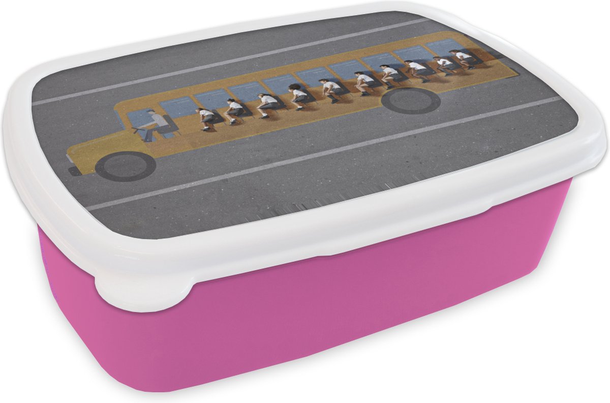 Broodtrommel Roze - Lunchbox - Brooddoos - Abstracte schoolbus - 18x12x6 cm - Kinderen - Meisje