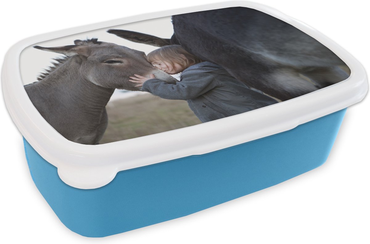 Broodtrommel Blauw - Lunchbox - Brooddoos - Kind - Ezel - Kus - 18x12x6 cm - Kinderen - Jongen
