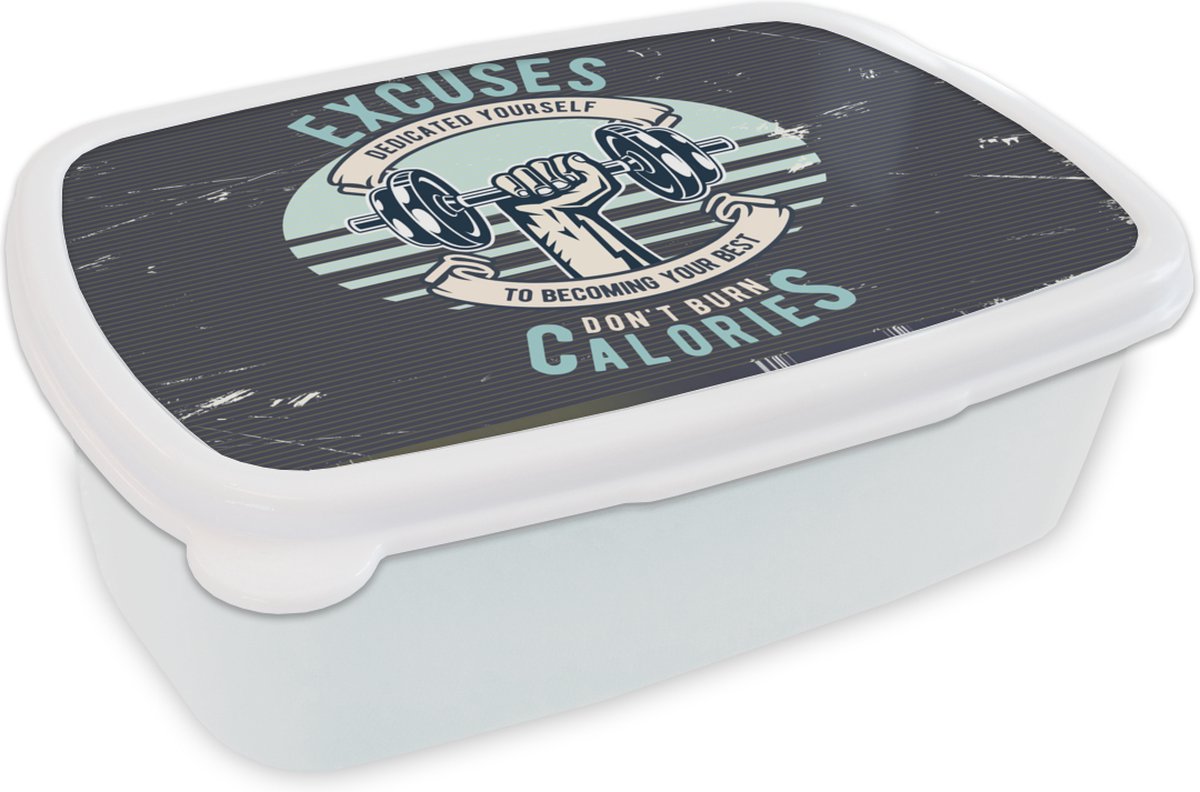 Broodtrommel Wit - Lunchbox - Brooddoos - Gewichten - Sport - Retro - 18x12x6 cm - Volwassenen