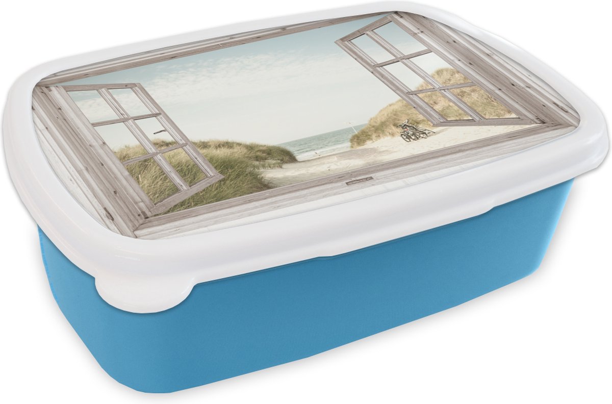 Broodtrommel Blauw - Lunchbox - Brooddoos - Doorkijk - Strand - Fiets - 18x12x6 cm - Kinderen - Jongen