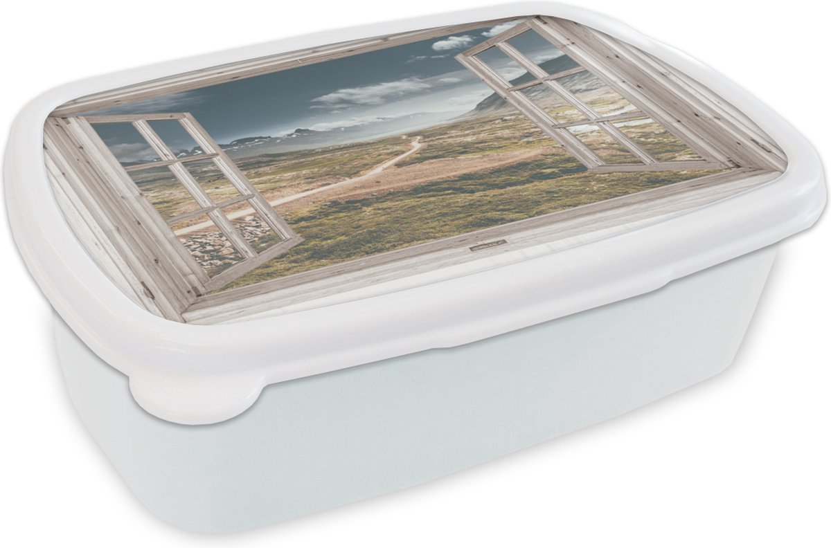 Broodtrommel Wit - Lunchbox - Brooddoos - Doorkijk - Berg - Hout - 18x12x6 cm - Volwassenen