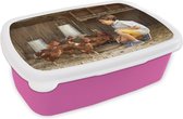 Broodtrommel Roze - Lunchbox - Brooddoos - Jongen - Kippen - Kippenhok - 18x12x6 cm - Kinderen - Meisje