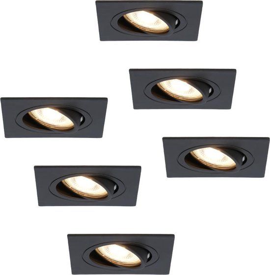 6x HOFTRONIC Mallorca - Vierkante inbouwspot - LED - Zaagmaat 75-79mm - Zwart - Dimbaar - Kantelbaar - 5 Watt - 480 lumen - 230V - 2700K Extra warm wit - Verwisselbare GU10 - Plafondspots - Inbouwspot voor binnen - 2 jaar garantie