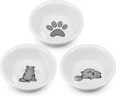 Bols de nourriture pour chats Navaris - Set de 3 bols de nourriture et d'eau - Bol de nourriture en porcelaine - Avec motif chat - Wit