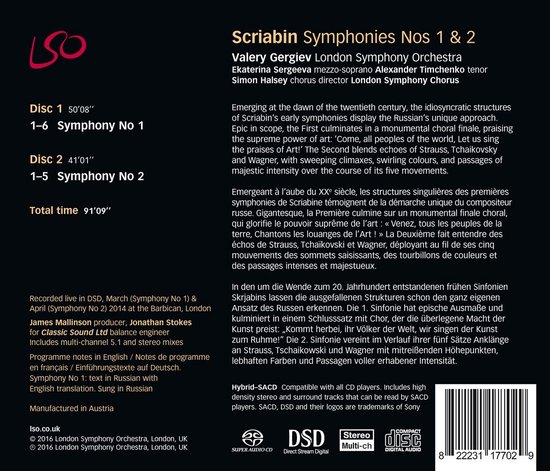 CD-hoes met titel 'Scriabin Symphonies Nos 1 & 2', namen artiesten en orkest, met tracklijsten en productinformatie.