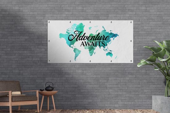 Affiche clôture Carte - Monde - Citation - Vert - 200x100 cm - Toile de jardin