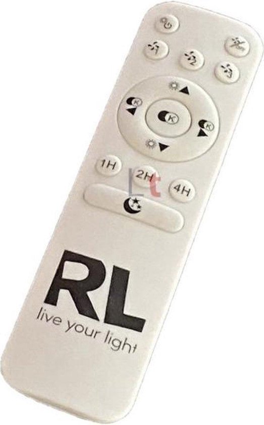 Witte afstandsbediening met knoppen en logo 'RL live your light'
