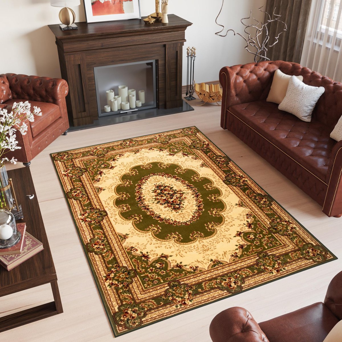 Tapiso Yesemek Vloerkleed Groen Lemon Vintage Traditioneel Frame Medaillon Design Woonkame