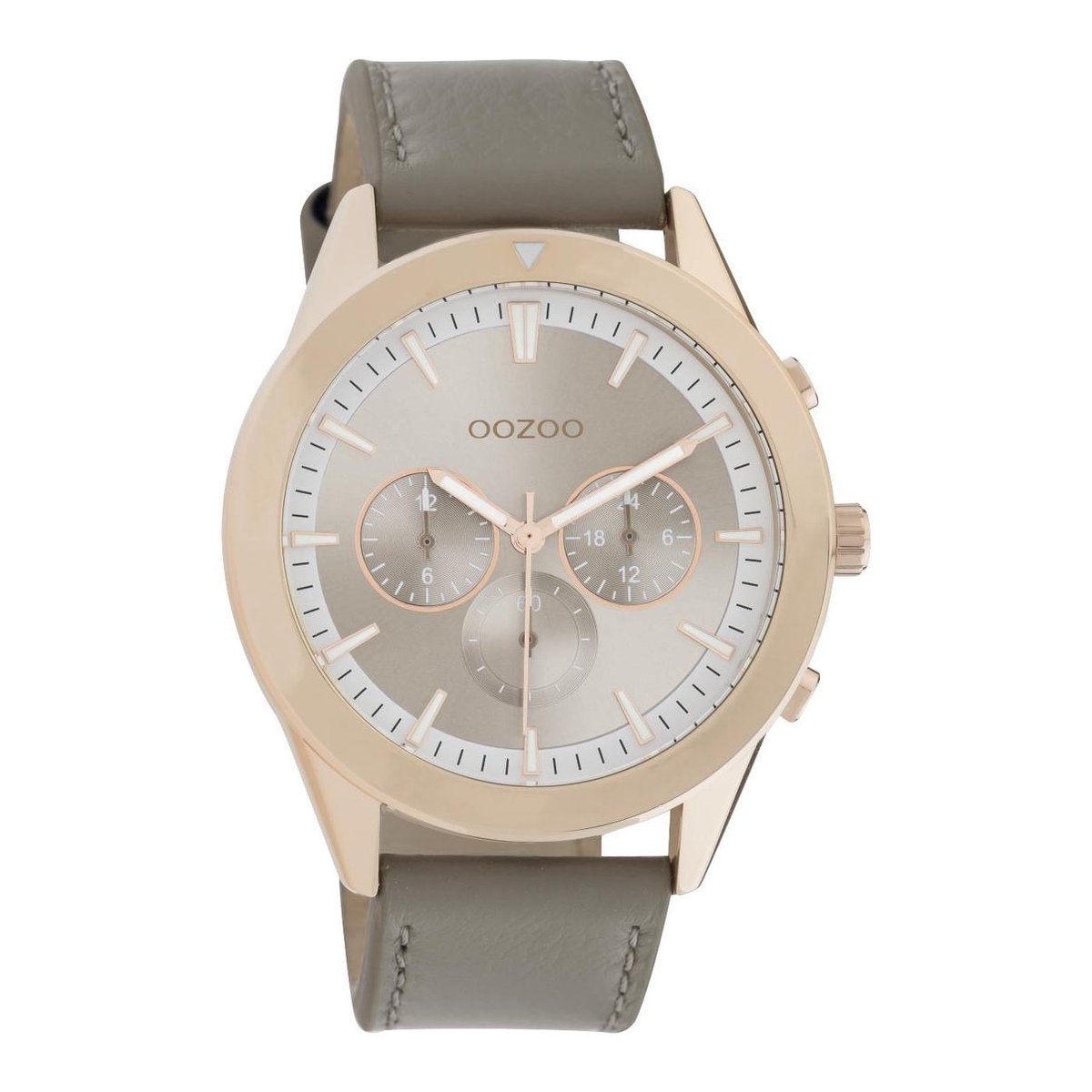 OOZOO Timepieces - rosé goudkleurige horloge met taupe leren band - C10802 - Ø45