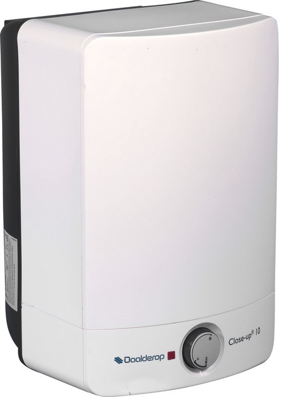 Daalderop Close-up keukenboiler, 10 liter, wit met zwarte zijkanten en een draaiknop aan de voorzijde.