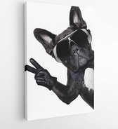 Canvas schilderij - Cool dog with peace or victory fingers beside a white blank banner or placard -  197519258 - 40-30 Vertical