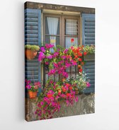 Canvas schilderij - Vintage window with open wooden shutters and fresh flowers -  154177241 - 115*75 Vertical