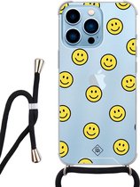 iPhone 13 Pro Max hoesje met koord - Smileys | Apple iPhone 13 Pro Max crossbody case | Zwart, Transparant | Geruit/gestreept/gestipt