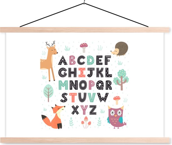 Posterhanger incl. Poster - Schoolplaat - Illustratie alfabet met bosdieren - 150x100 cm - Blanke latten