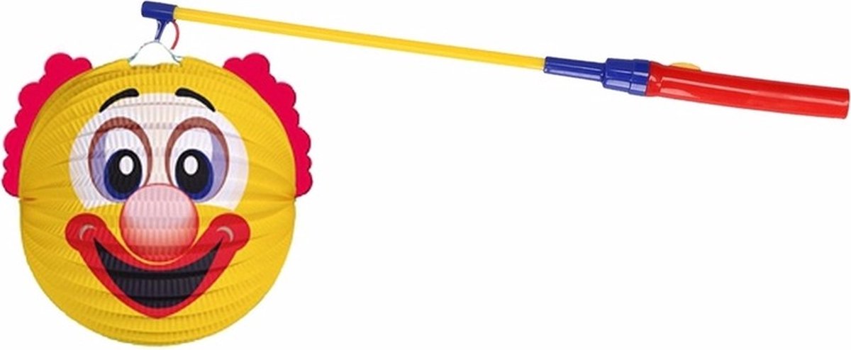 Gele clown lampion 22 cm met lampionstokje - Sint Maarten lampionnen
