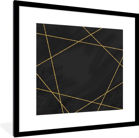 Fotolijst incl. Poster - Geometrisch patroon van gouden lijnen op een zwarte achtergrond - 40x40 cm - Posterlijst