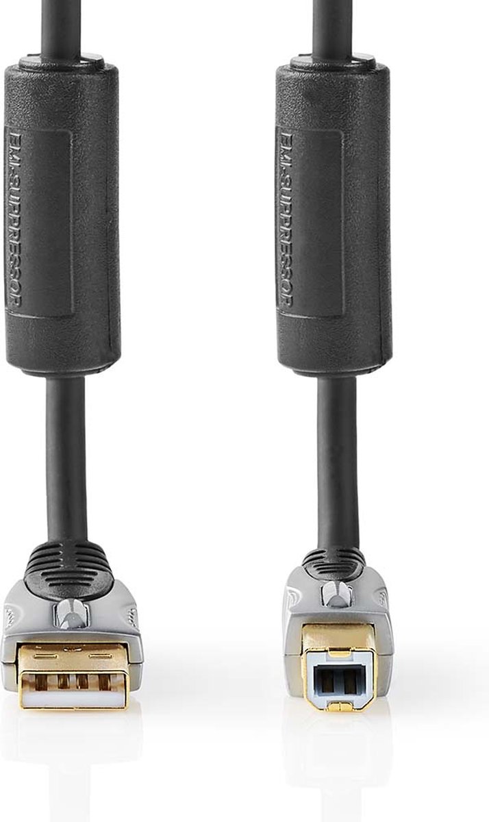 Nedis USB-Kabel - USB 2.0 - USB-A Male - USB-B Male - 2.5 W - 480 Mbps - Verguld - 5.00 m - Rond - PVC - Antraciet - Doos