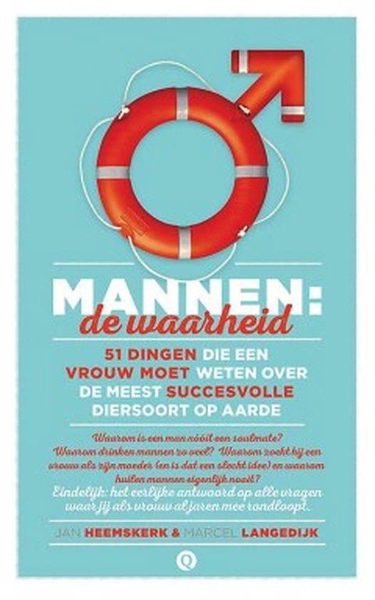 Boekomslag met de titel 'MANNEN: de waarheid' en een levensreddende ring in de vorm van het mannelijk symbool.