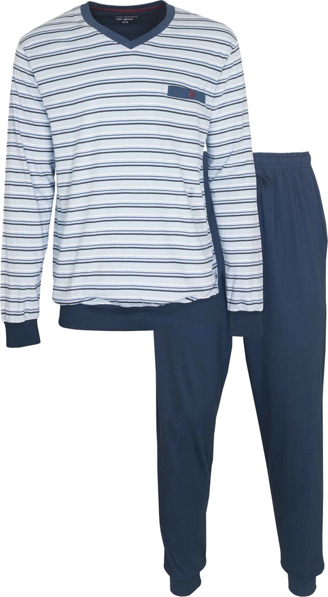 Paul Hopkins Heren Pyjama - V Hals - Katoen - Strepen Dessin - Blauw - Maat S