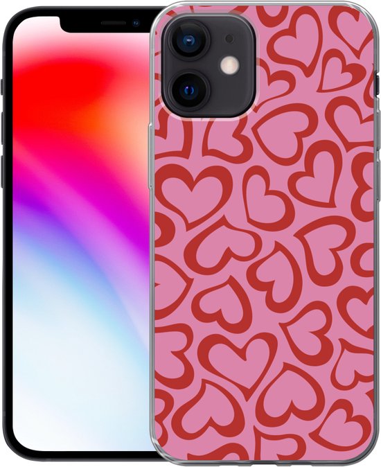 Telefoonhoesje Geschikt voor iPhone 12 hoesje - Een illustratie van behang met rode hartjes - Siliconen Telefoonhoesje Telefoonhoesje