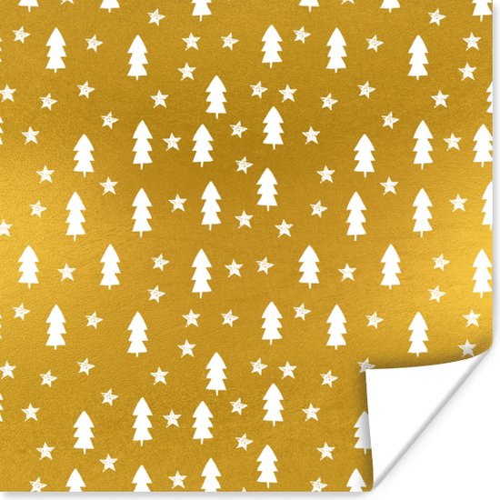 Poster Kerstboom - Goud - Wit - 75x75 cm - Kerstmis Decoratie - Kerstversiering - Kerstdecoratie Woonkamer - Kerstversiering - Kerstdecoratie voor binnen - Kerstmis