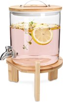 Navaris glazen limonadetap met kraantje - Drankdispenser met houten standaard - Sapdispenser -Voor koude en warme dranken - 5L - Voor feestjes