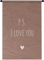 Wandkleed - Wanddoek - Engelse quote "P.S. i love you" met een hartje op een bruine achtergrond - 120x180 cm - Wandtapijt