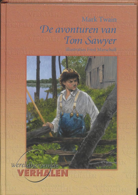 Boek 'De avonturen van Tom Sawyer' met illustratie van Tom Sawyer aan een hek, staande bij een meer.
