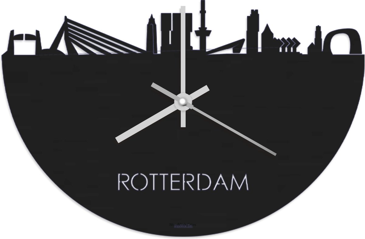 Skyline Klok Rotterdam Zwart hout - Ø 40 cm - Stil uurwerk - Wanddecoratie - Meer steden beschikbaar - Woonkamer idee - Woondecoratie - City Art - Steden kunst - Cadeau voor hem - Cadeau voor haar - Jubileum - Trouwerij - Housewarming -