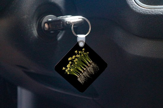 Porte-clés Plantes sur fond noir - Plusieurs jonquilles avec ampoules sur fond noir Porte-clés en plastique - Porte-clés carré avec photo