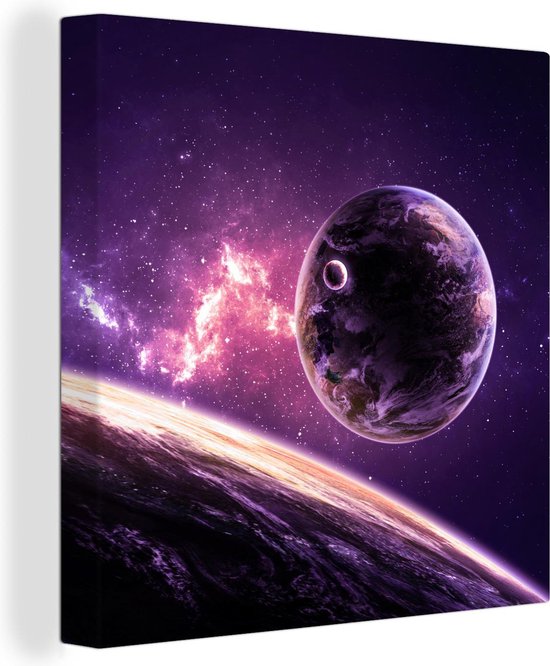 Toile Peinture Planètes - Etoiles - Violet - 50x50 cm - Décoration murale