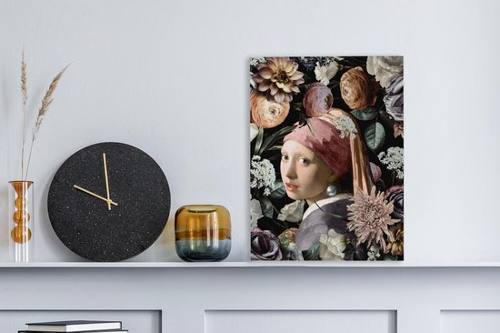 Toile de Oude Meesters - 30 x 40 - Peinture sur toile - Vermeer - Fleurs - Fille avec une boucle d'oreille en perle
