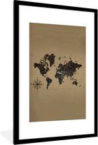 Fotolijst incl. Poster - Wereldkaart - Zwart - Windroos - 80x120 cm - Posterlijst