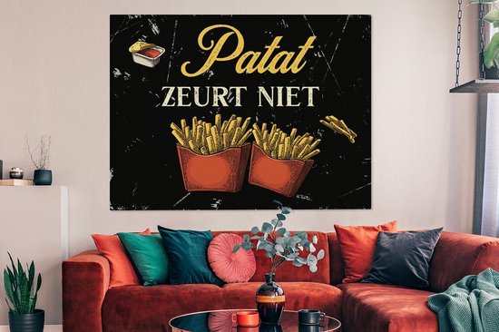 Toile Peinture Frites - Vintage - Citation - 160x120 cm - Décoration murale XXL - Cadeau femme - Cadeau homme