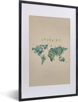 Fotolijst incl. Poster - Wereldkaart - Turquoise - Planten - 40x60 cm - Posterlijst
