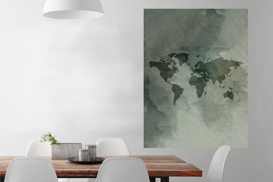 Décoration murale - Carte du Wereldkaart - Aquarelle - Grijs - 90x120 cm - Affiche