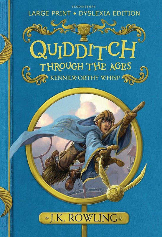 Boekomslag van 'Quidditch Through the Ages', met een jongen op een bezemsteel, in een gouden cirkel.